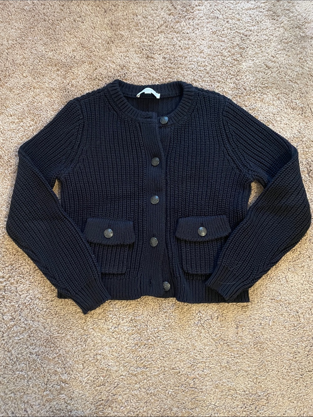 LOFT Black Chunky Knit Button Cardigan with Flap Pockets